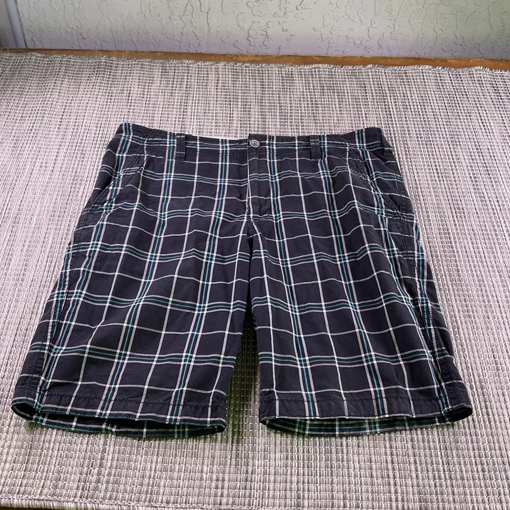 Express Mens Plaid Shorts Size 36 Black Teal White Cotton Flat Front Casual 38w